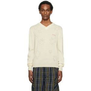 MARNI Sweater Mens Size 48 Ivory Pullover VNeck Fine Wool Flowers $895